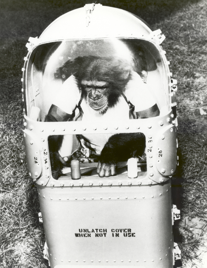Space History Photo: Ham Tries Out His Life Support System